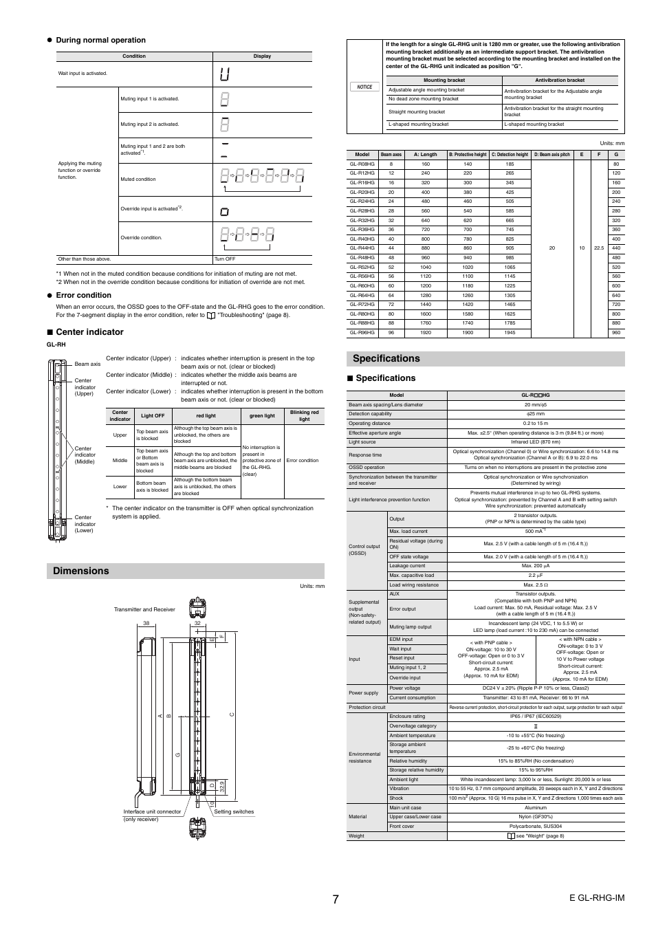 Dimensions, Specifications, E gl-rhg-im | Center indicator, During normal operation, Error condition | KEYENCE GL-RHG Series User Manual | Page 7 / 12