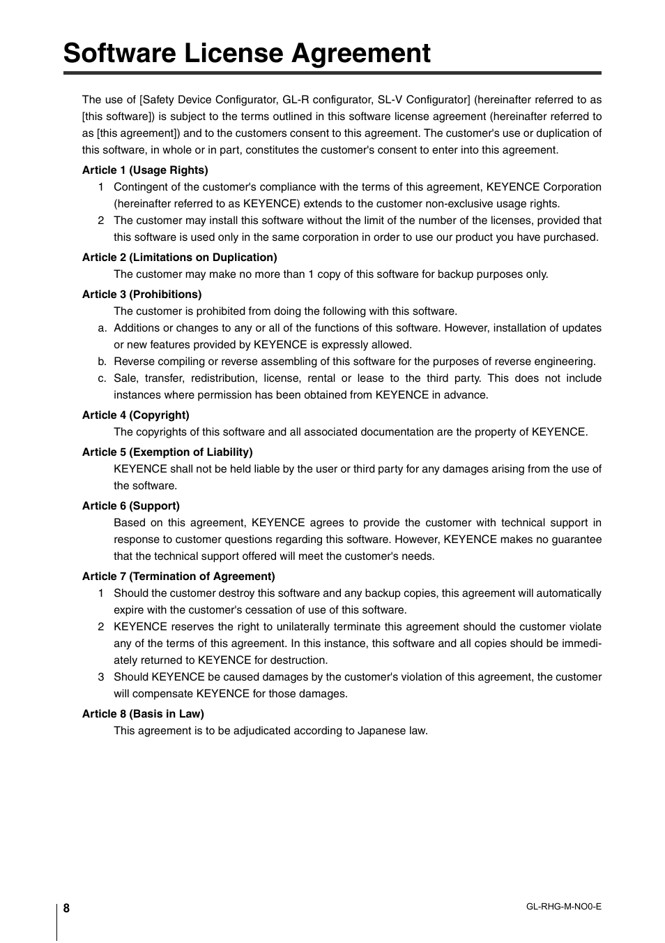 Software license agreement | KEYENCE GL-RHG Series User Manual | Page 10 / 136