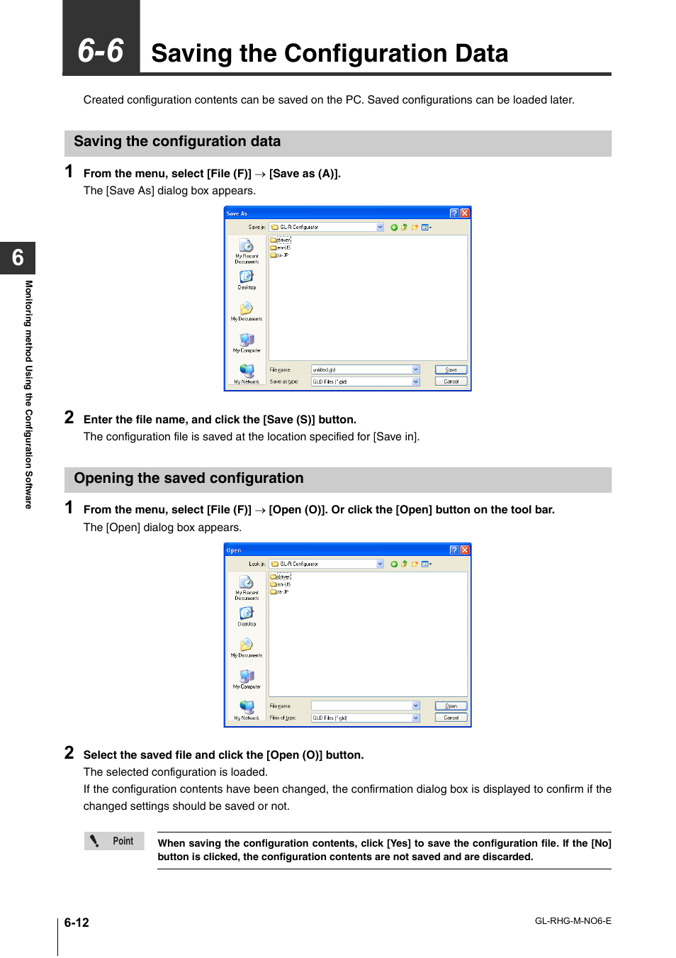 6 saving the configuration data, Saving the configuration data, Opening the saved configuration | Saving the configuration data -12 | KEYENCE GL-RHG Series User Manual | Page 100 / 136