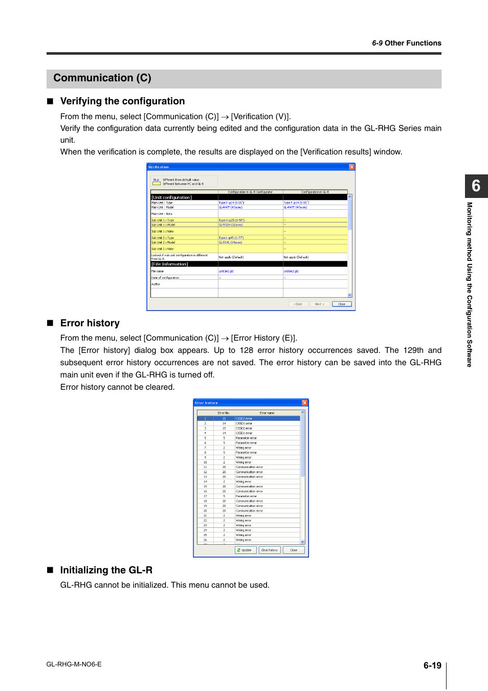 Communication (c), Communication (c) -19, Verifying the configuration | Error history, Initializing the gl-r | KEYENCE GL-RHG Series User Manual | Page 107 / 136