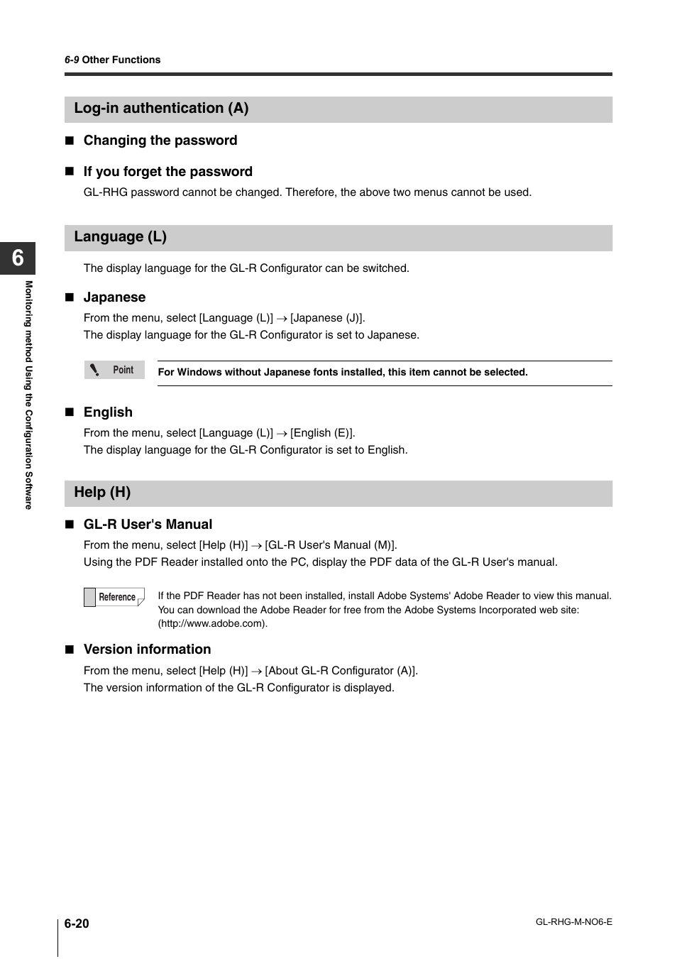 Log-in authentication (a), Language (l), Help (h) | Changing the password  if you forget the password, Japanese, English, Gl-r user's manual, Version information | KEYENCE GL-RHG Series User Manual | Page 108 / 136