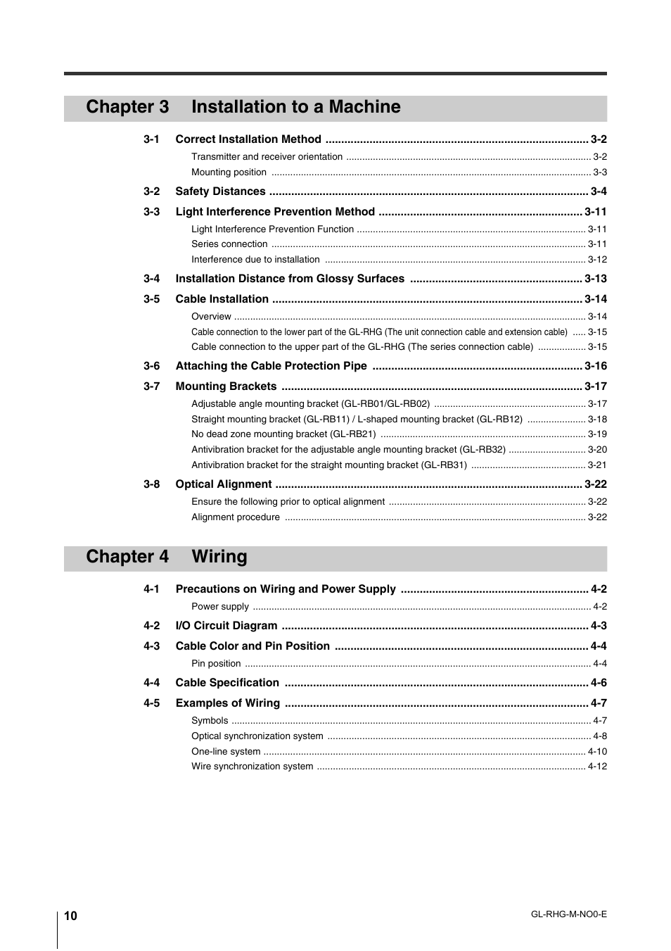 Chapter 3 installation to a machine, Chapter 4 wiring | KEYENCE GL-RHG Series User Manual | Page 12 / 136