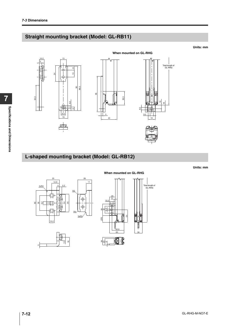 Straight mounting bracket (model: gl-rb11), L-shaped mounting bracket (model: gl-rb12), 3 dimensions | KEYENCE GL-RHG Series User Manual | Page 120 / 136