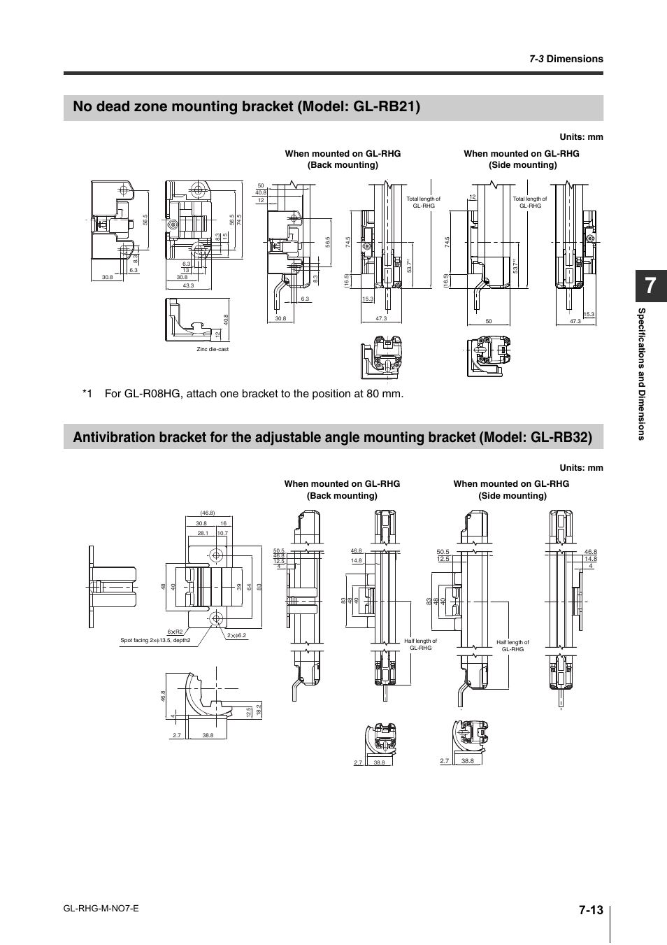 No dead zone mounting bracket (model: gl-rb21), 3 dimensions | KEYENCE GL-RHG Series User Manual | Page 121 / 136