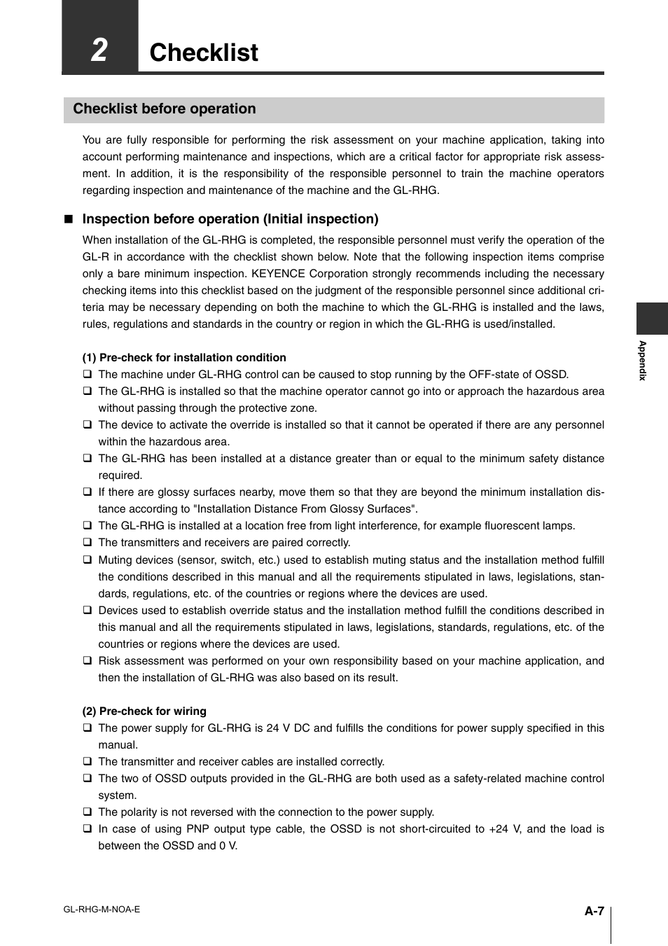 2 checklist, Checklist before operation, Checklist | KEYENCE GL-RHG Series User Manual | Page 131 / 136