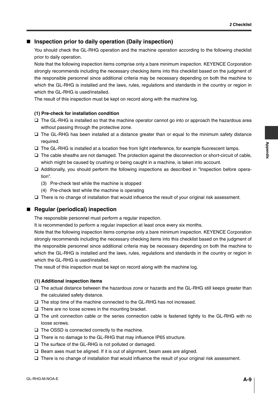 Regular (periodical) inspection | KEYENCE GL-RHG Series User Manual | Page 133 / 136