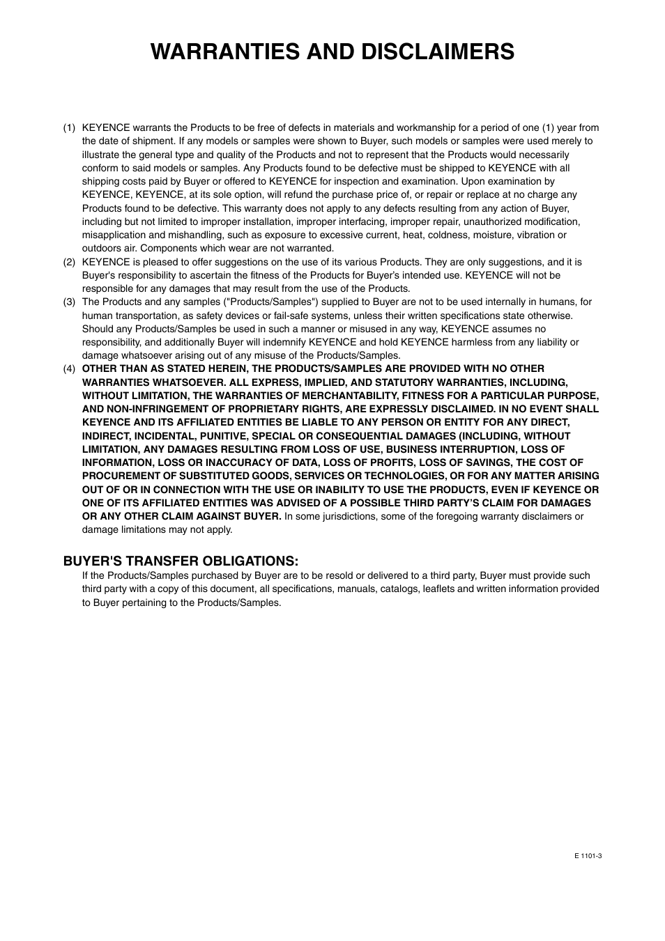 Warranties and disclaimers, Buyer's transfer obligations | KEYENCE GL-RHG Series User Manual | Page 135 / 136