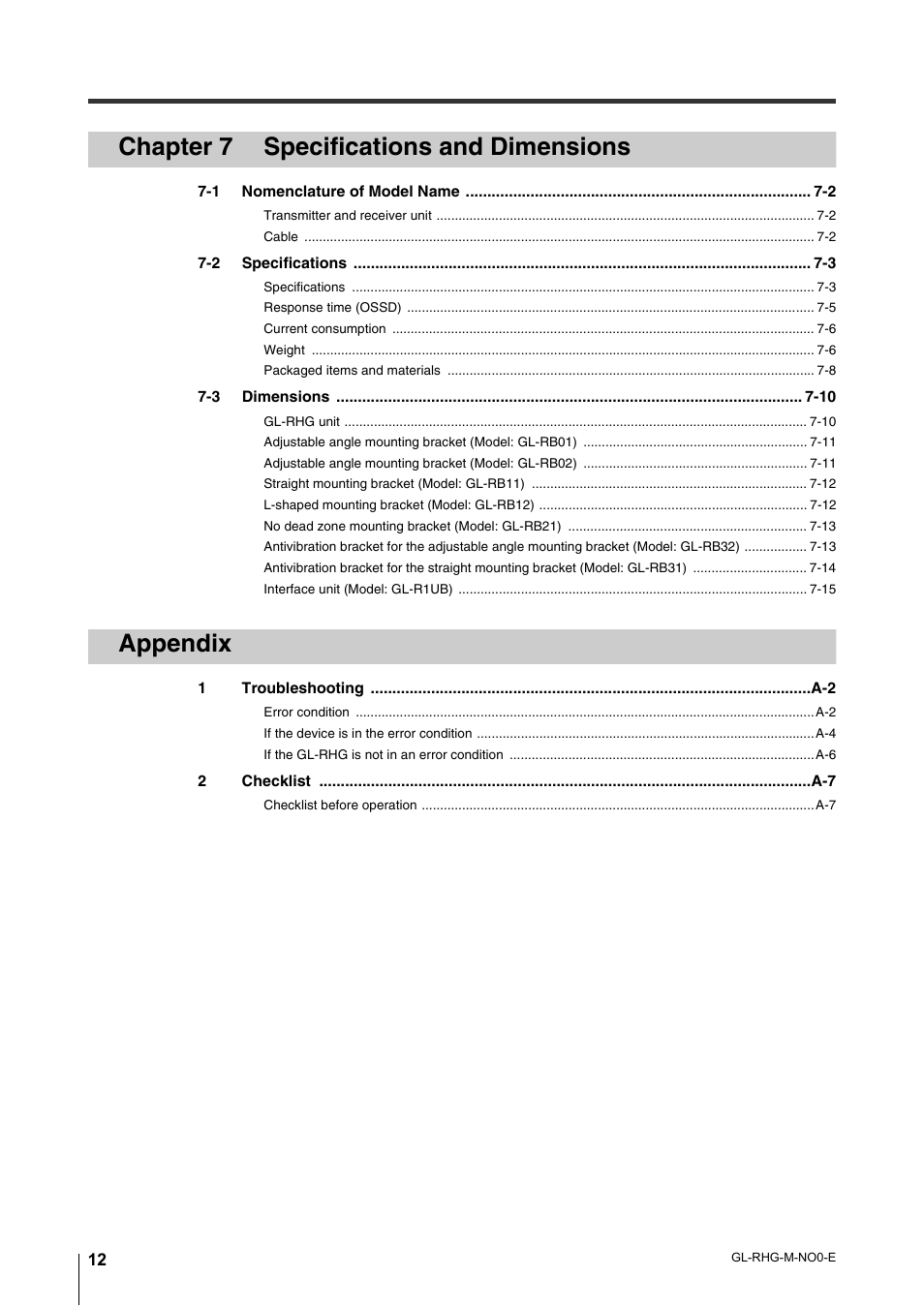 Chapter 7 specifications and dimensions, Appendix | KEYENCE GL-RHG Series User Manual | Page 14 / 136