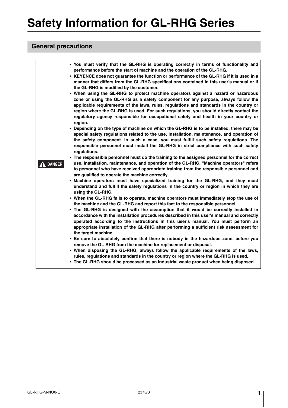 Safety information for gl-rhg series, General precautions | KEYENCE GL-RHG Series User Manual | Page 3 / 136