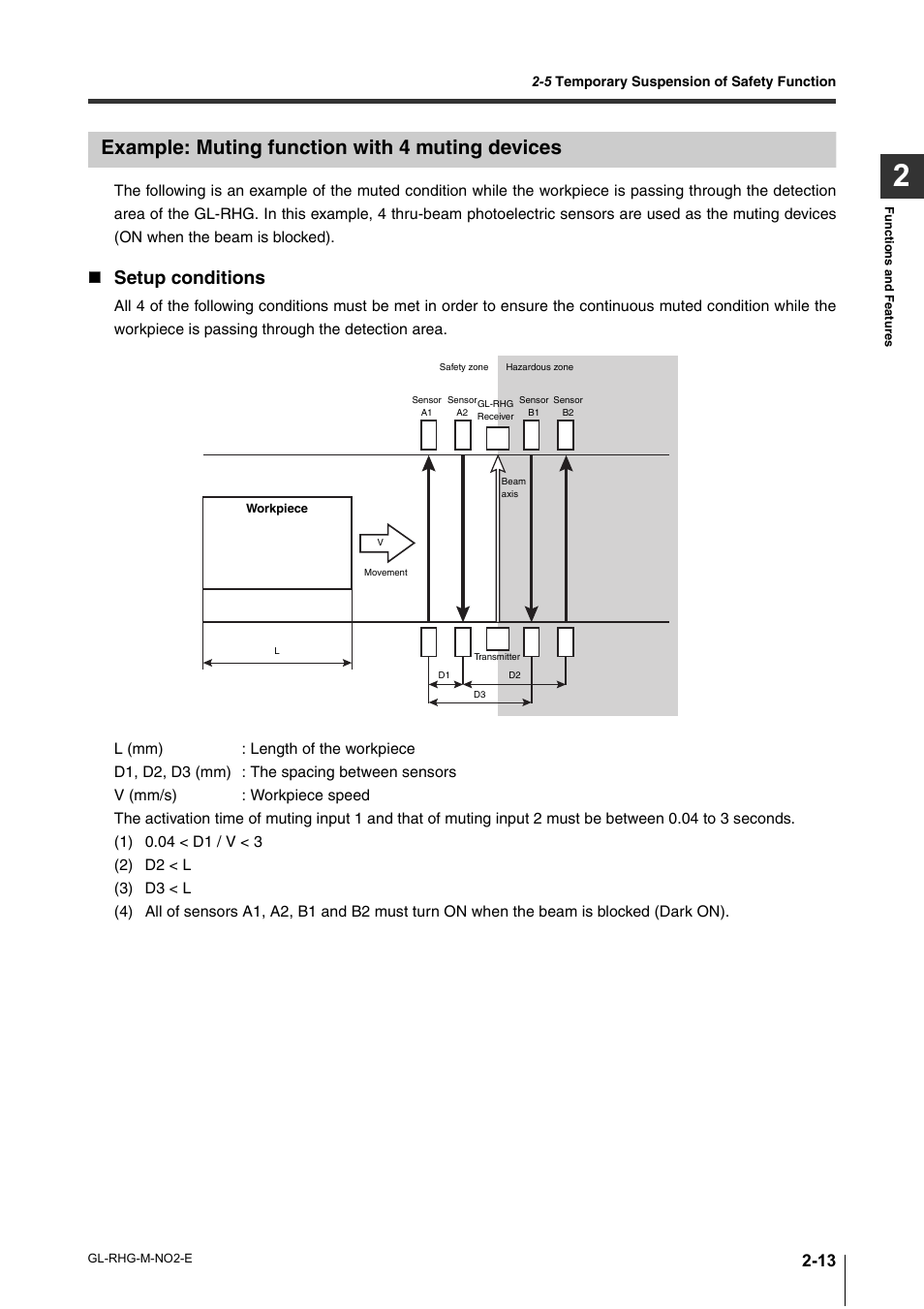 Example: muting function with 4 muting devices, Example: muting function with 4 muting devices -13, Setup conditions | KEYENCE GL-RHG Series User Manual | Page 37 / 136