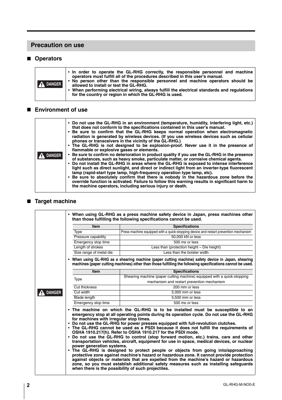 Precaution on use, Operators  environment of use  target machine | KEYENCE GL-RHG Series User Manual | Page 4 / 136