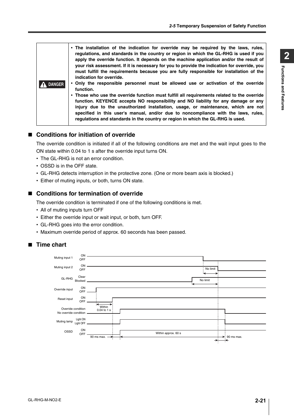 Conditions for initiation of override, Conditions for termination of override, Time chart | KEYENCE GL-RHG Series User Manual | Page 45 / 136