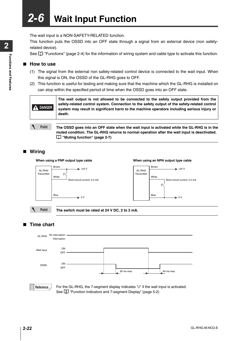 6 wait input function, Wait input function -22, Wait input function | How to use, Wiring, Time chart | KEYENCE GL-RHG Series User Manual | Page 46 / 136