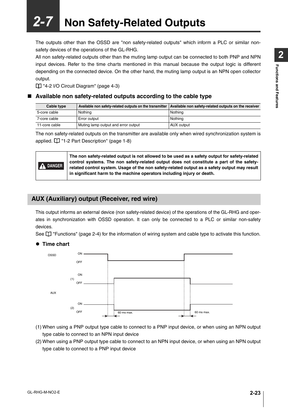 7 non safety-related outputs, Aux (auxiliary) output (receiver, red wire), Non safety-related outputs -23 | Aux (auxiliary) output (receiver, red wire) -23, Non safety-related outputs | KEYENCE GL-RHG Series User Manual | Page 47 / 136
