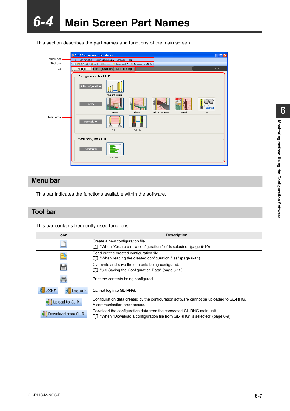 4 main screen part names, Menu bar, Tool bar | Main screen part names -7, Menu bar -7 tool bar -7, Main screen part names | KEYENCE GL-RHG Series User Manual | Page 95 / 136