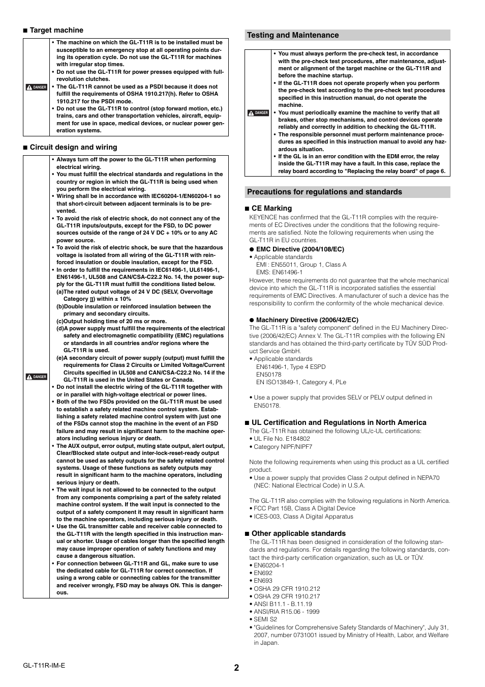 Testing and maintenance, Precautions for regulations and standards | KEYENCE GL-T11R User Manual | Page 2 / 8