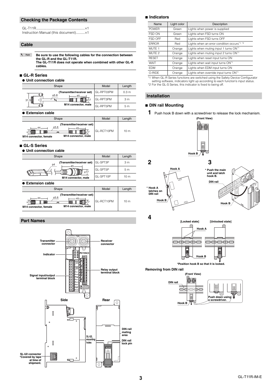 Checking the package contents, Cable, Part names | Installation, Gl-r series, Gl-s series, Indicators, Din rail mounting | KEYENCE GL-T11R User Manual | Page 3 / 8