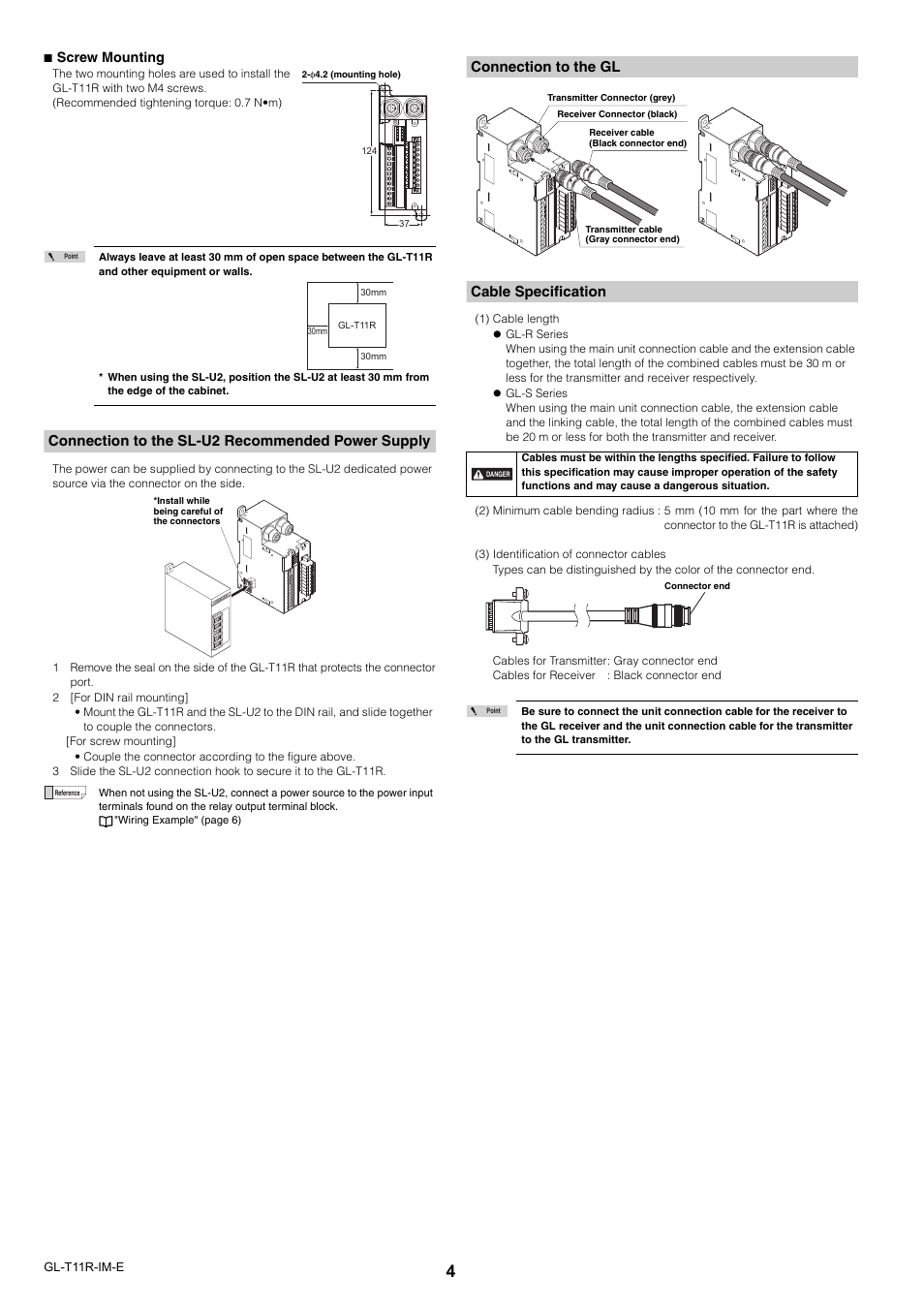 Connection to the sl-u2 recommended power supply, Connection to the gl, Cable specification | Connection to the gl cable specification | KEYENCE GL-T11R User Manual | Page 4 / 8