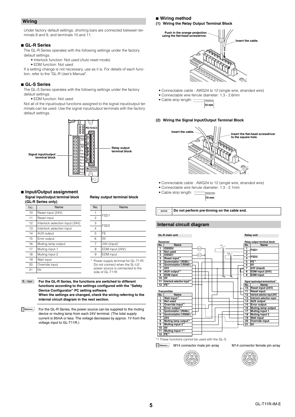 Wiring, Internal circuit diagram, Gl-r series | Gl-s series, Input/output assignment, Wiring method, Gl-t11r-im-e | KEYENCE GL-T11R User Manual | Page 5 / 8