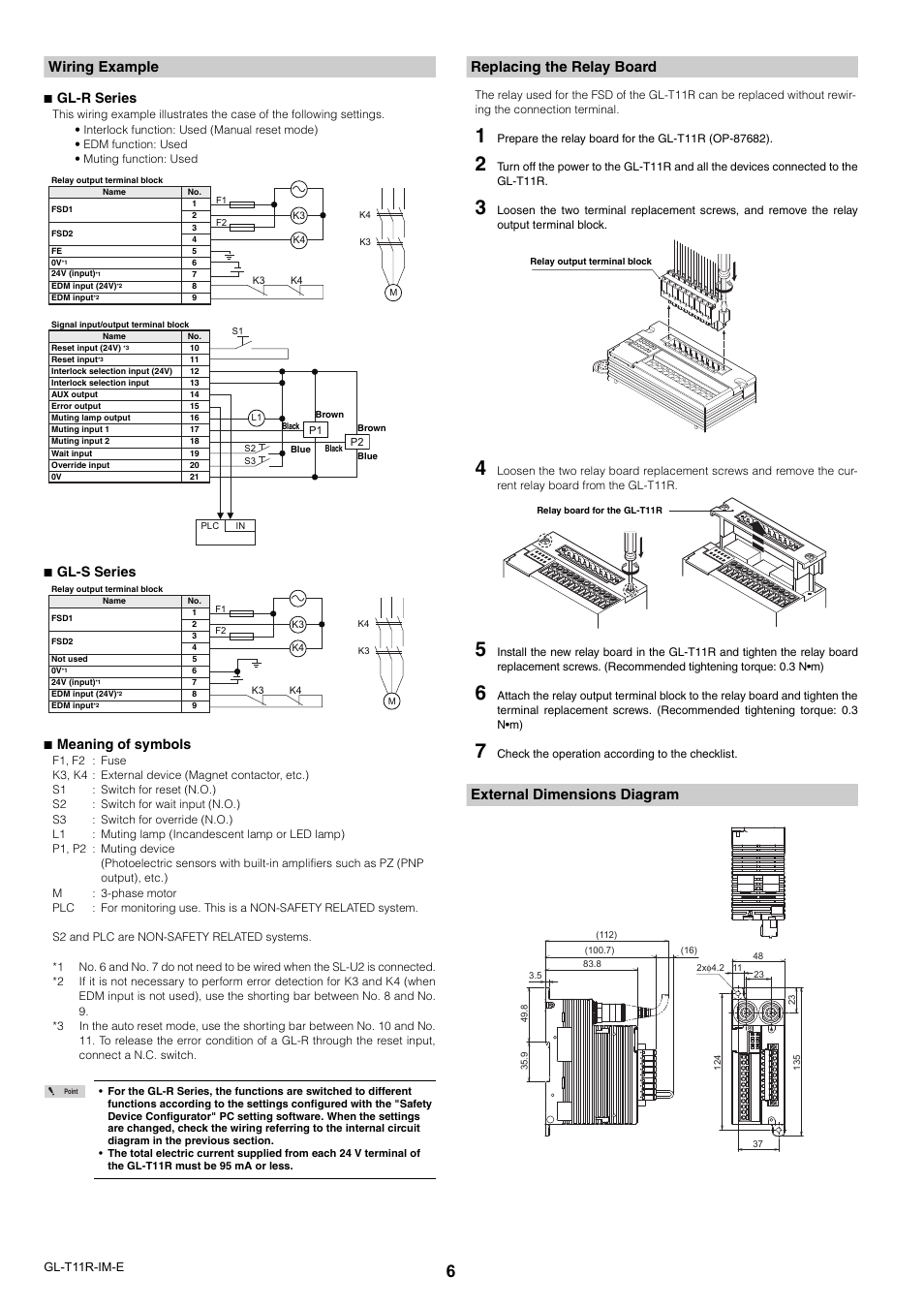 Wiring example, Replacing the relay board, External dimensions diagram | Gl-r series, Gl-s series, Meaning of symbols | KEYENCE GL-T11R User Manual | Page 6 / 8