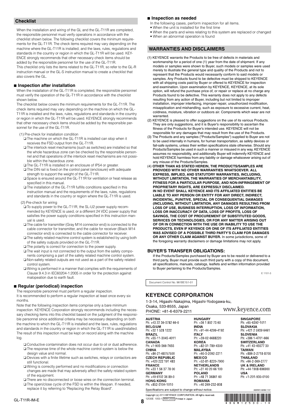 Checklist | KEYENCE GL-T11R User Manual | Page 8 / 8