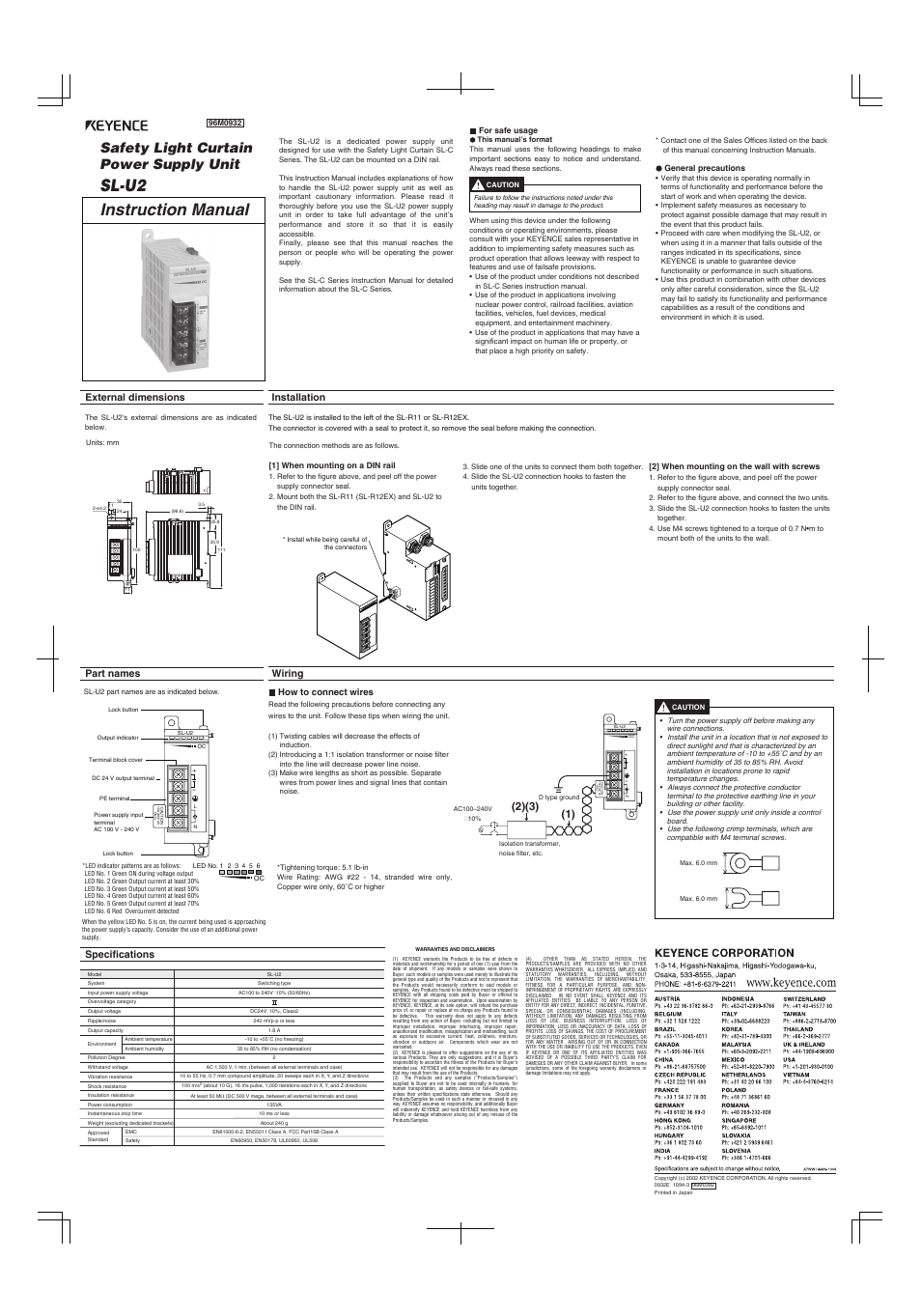 KEYENCE SL-U2 User Manual | 2 pages