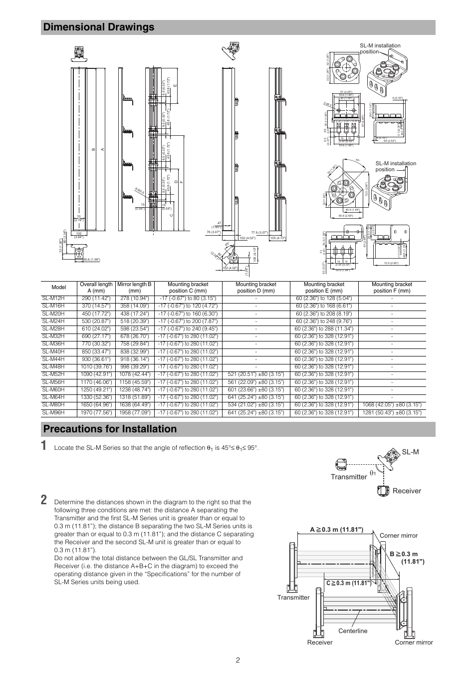 Dimensional drawings, Precautions for installation, Transmitter receiver sl-m θ | KEYENCE SL-M Series User Manual | Page 2 / 8