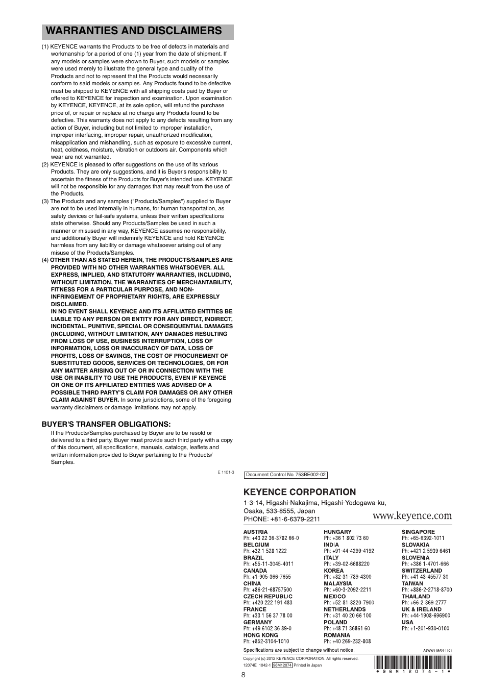 Warranties and disclaimers | KEYENCE SL-M Series User Manual | Page 8 / 8