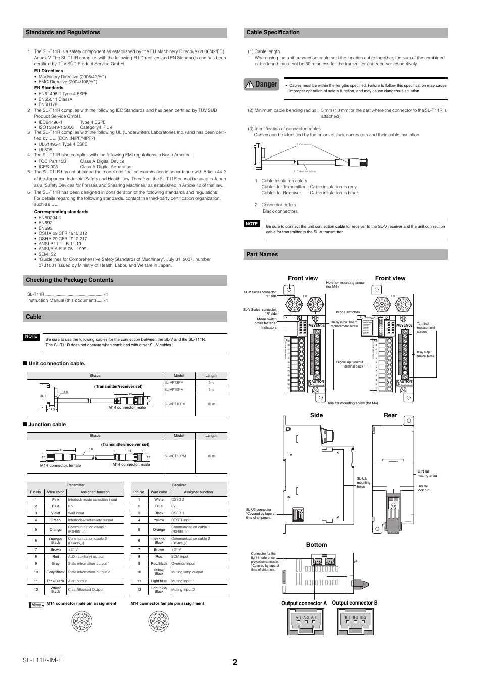 Checking the package contents, Cable, Cable specification | Part names, Danger, Sl-t11r-im-e, Front view, Cable specification part names | KEYENCE SL-T11R User Manual | Page 2 / 6