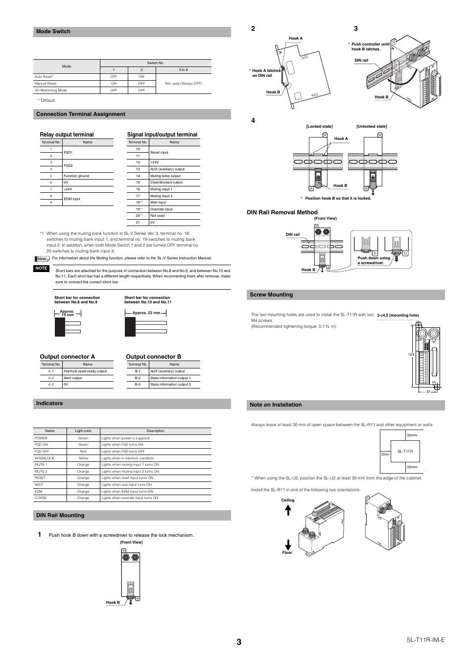 Mode switch, Connection terminal assignment, Indicators | Din rail mounting, Screw mounting, Note on installation, Sl-t11r-im-e, Relay output terminal signal input/output terminal, Output connector a output connector b, Din rail removal method | KEYENCE SL-T11R User Manual | Page 3 / 6