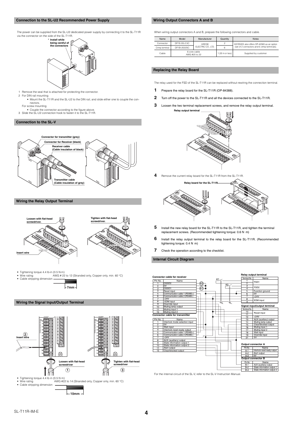 Connection to the sl-u2 recommended power supply, Connection to the sl-v, Wiring the relay output terminal | Wiring the signal input/output terminal, Wiring output connectors a and b, Replacing the relay board, Internal circuit diagram, Sl-t11r-im-e | KEYENCE SL-T11R User Manual | Page 4 / 6