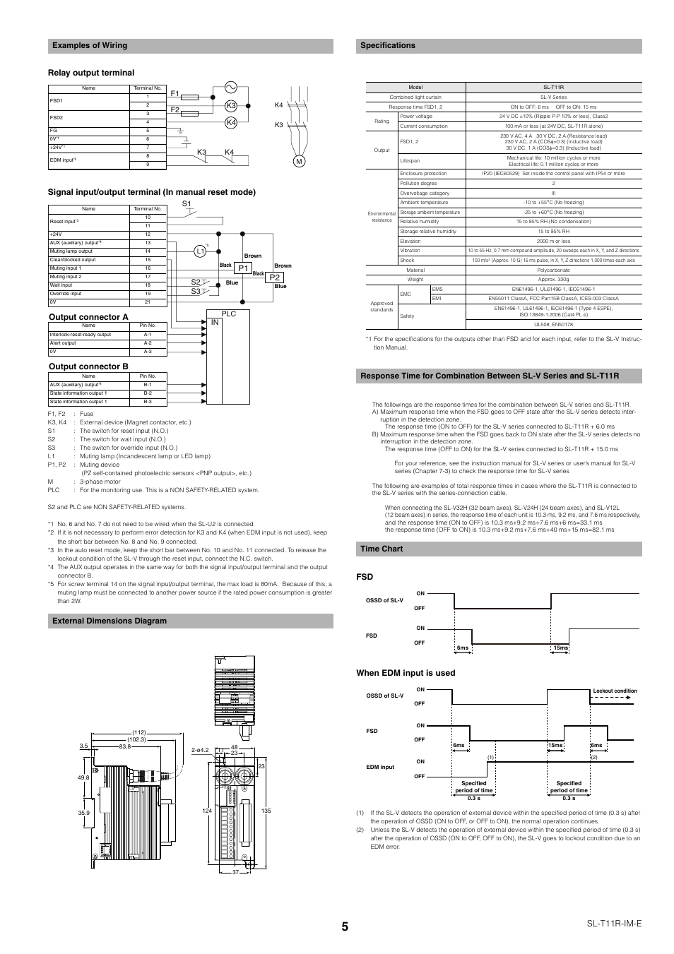 Examples of wiring, External dimensions diagram, Specifications | Time chart, Fsd when edm input is used, Output connector b output connector a | KEYENCE SL-T11R User Manual | Page 5 / 6