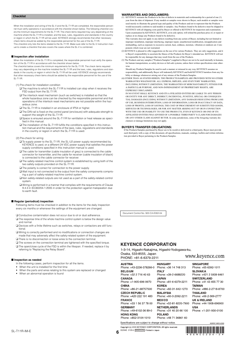 Checklist | KEYENCE SL-T11R User Manual | Page 6 / 6