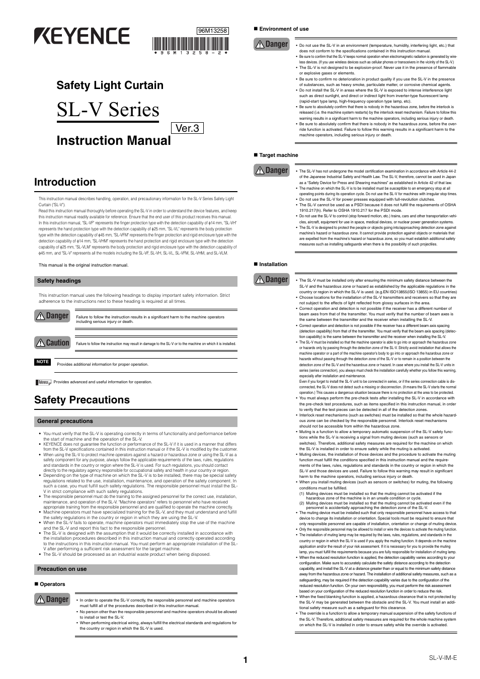 KEYENCE SL-V Series User Manual | 10 pages