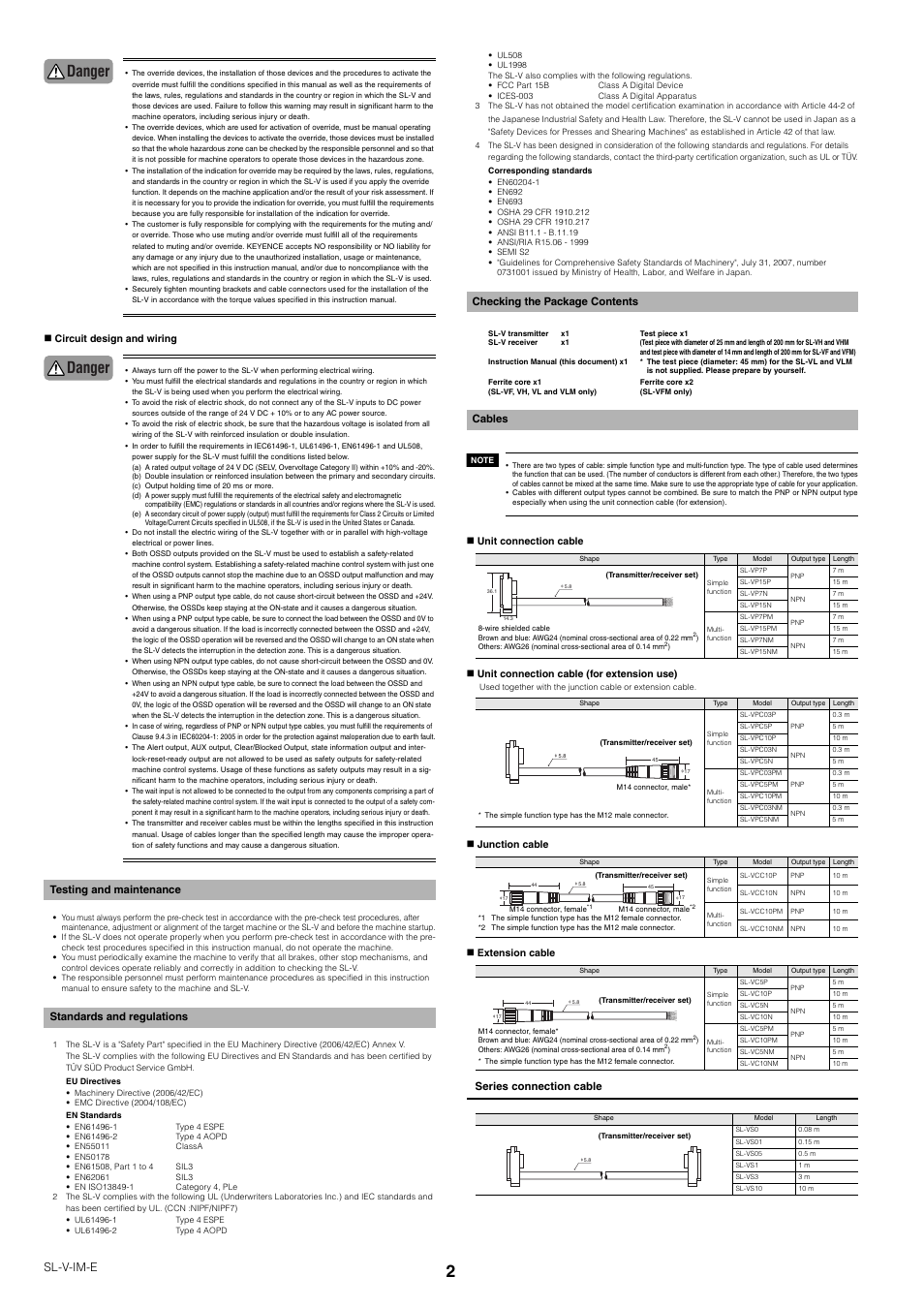 Testing and maintenance, Standards and regulations, Checking the package contents | Cables, Danger, Sl-v-im-e, Checking the package contents cables | KEYENCE SL-V Series User Manual | Page 2 / 10