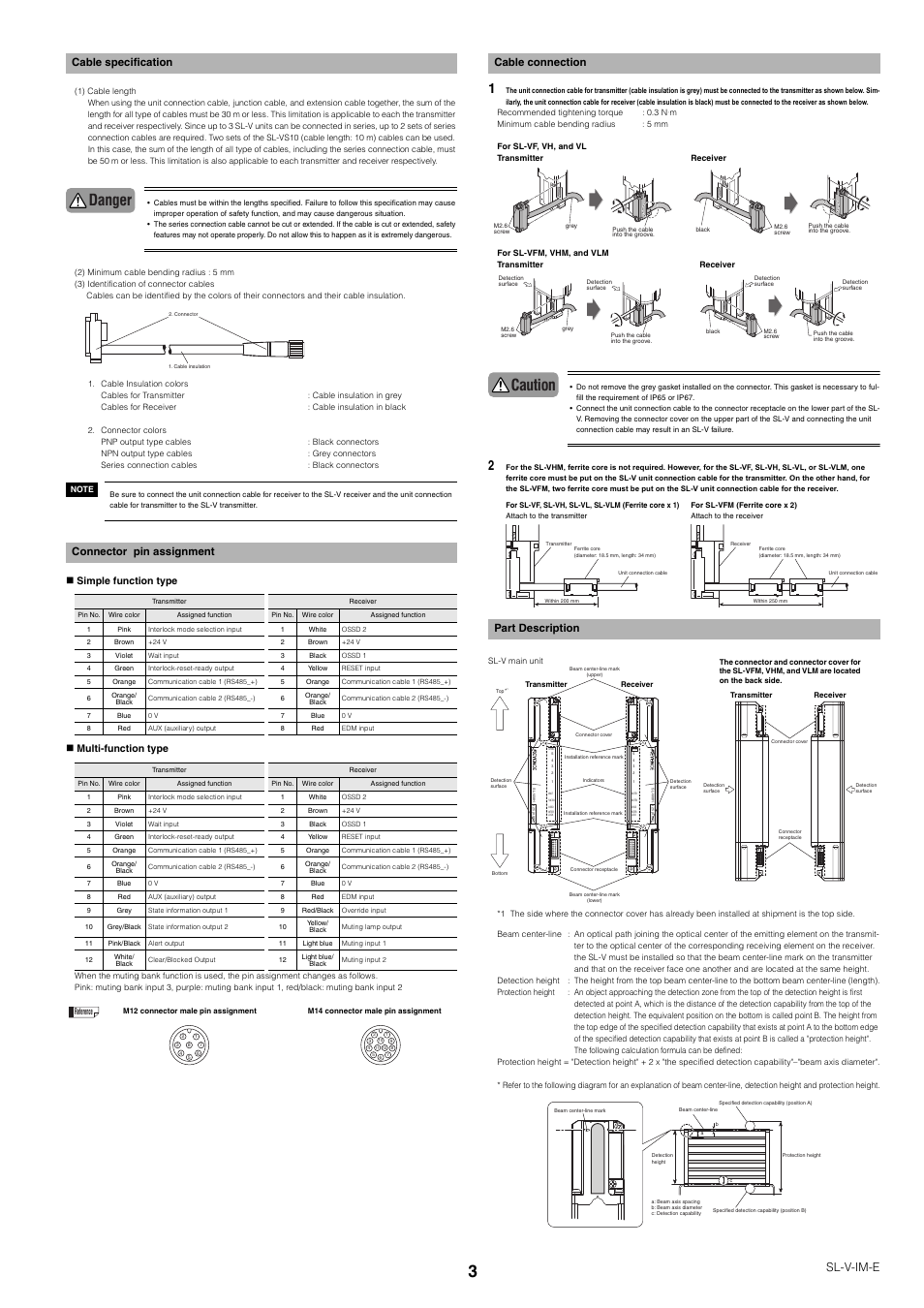 Cable specification, Connector pin assignment, Cable connection | Part description, Danger, Caution, Sl-v-im-e, Cable specification connector pin assignment, Cable connection part description | KEYENCE SL-V Series User Manual | Page 3 / 10