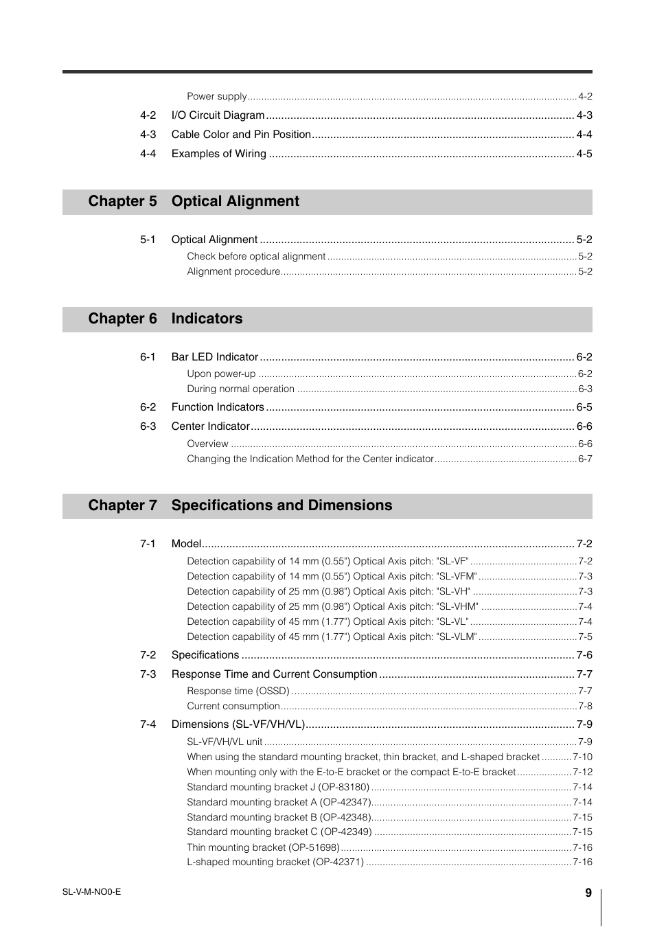 Chapter 5 optical alignment, Chapter 6 indicators, Chapter 7 specifications and dimensions | KEYENCE SL-V Series User Manual | Page 11 / 168