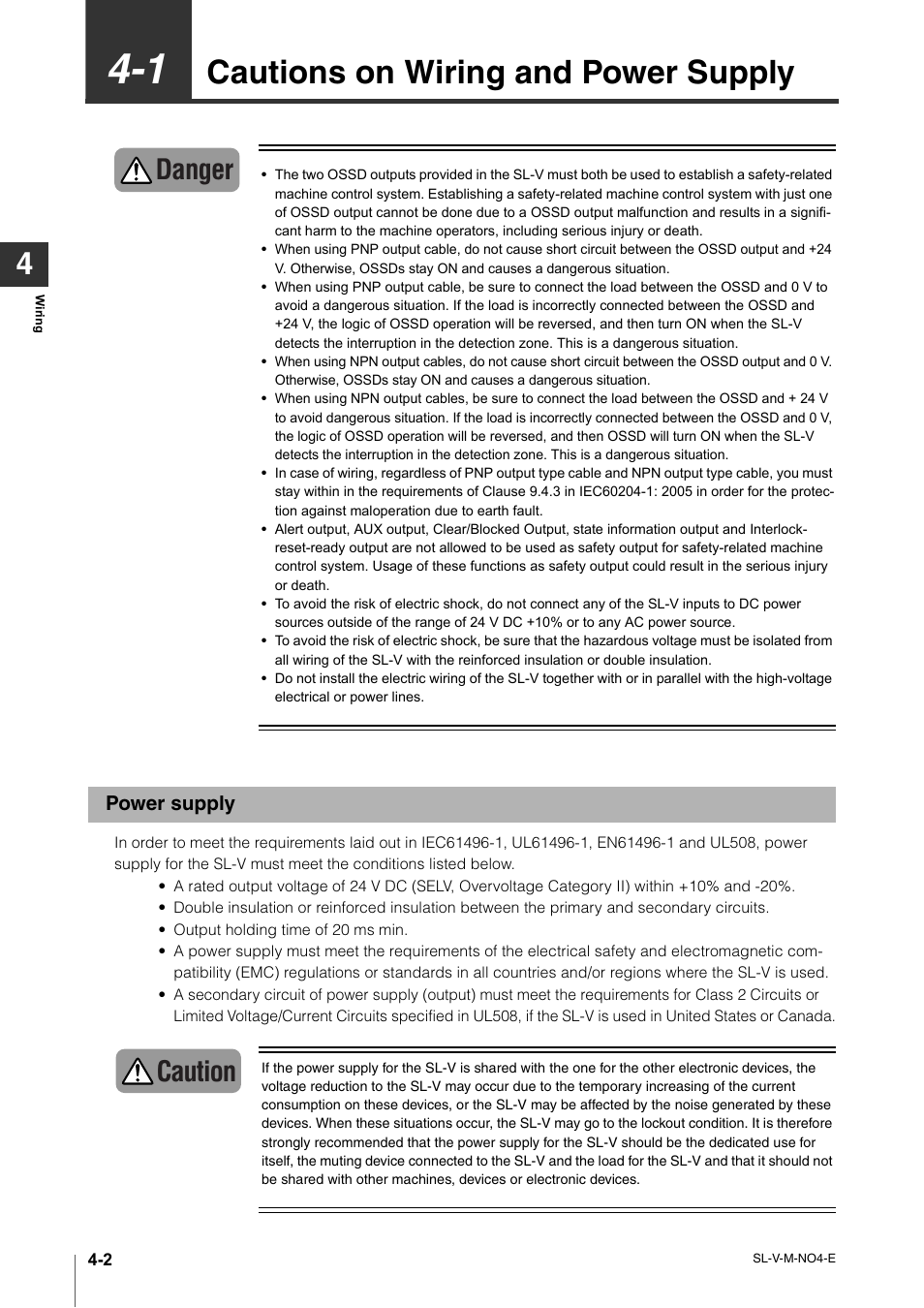 1 cautions on wiring and power supply, Power supply, Cautions on wiring and power supply -2 | Power supply -2, Cautions on wiring and power supply, Danger, Caution | KEYENCE SL-V Series User Manual | Page 110 / 168