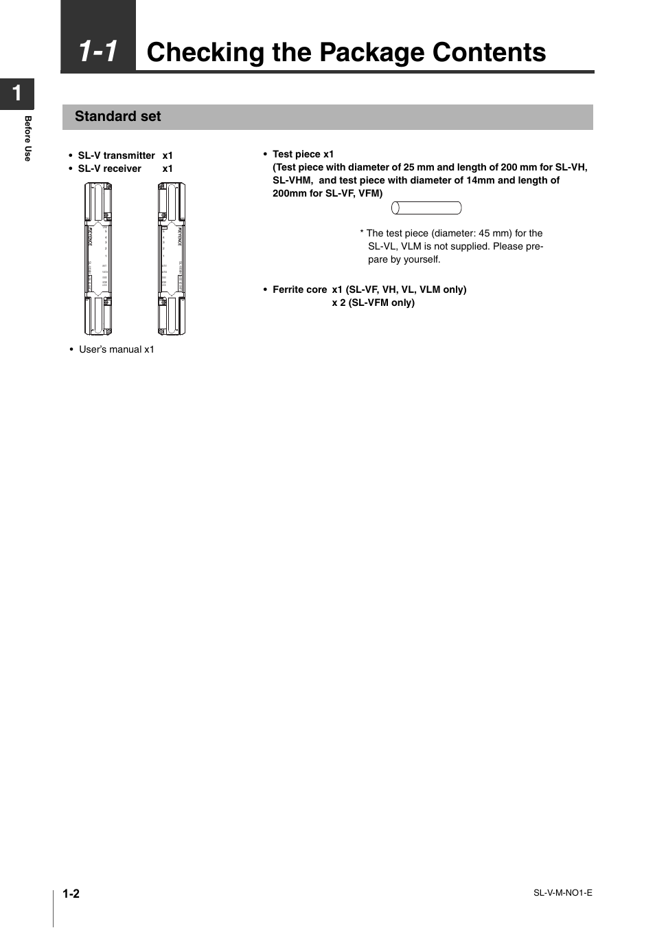 1 checking the package contents, Standard set, Checking the package contents -2 | Standard set -2, Checking the package contents | KEYENCE SL-V Series User Manual | Page 14 / 168