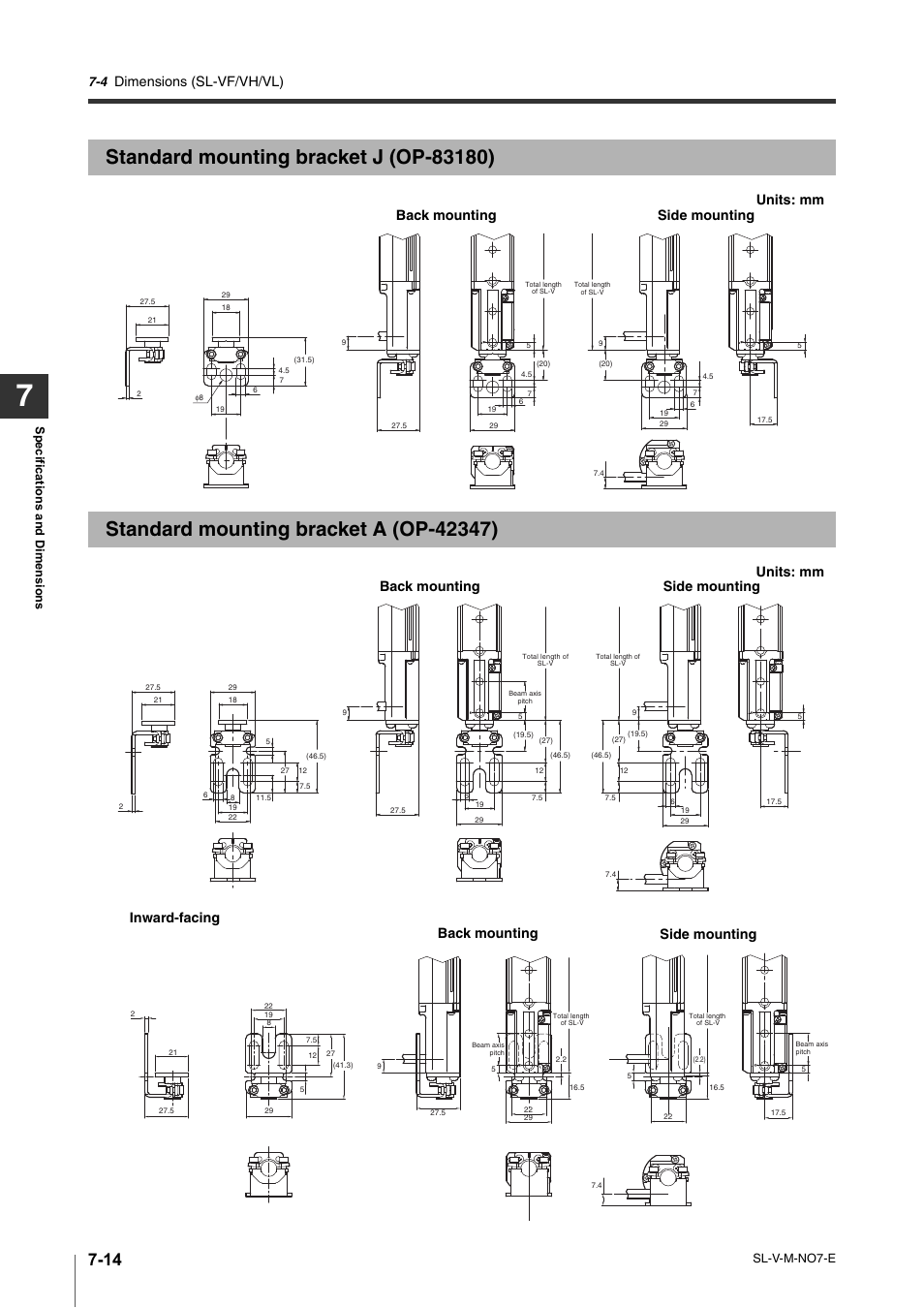 Standard mounting bracket j (op-83180), Standard mounting bracket a (op-42347), Standard mounting bracket j (op-83180) -14 | Standard mounting bracket a (op-42347) -14, Dimensions (sl-vf/vh/vl), Inward-facing, Units: mm back mounting side mounting, Back mounting side mounting | KEYENCE SL-V Series User Manual | Page 142 / 168
