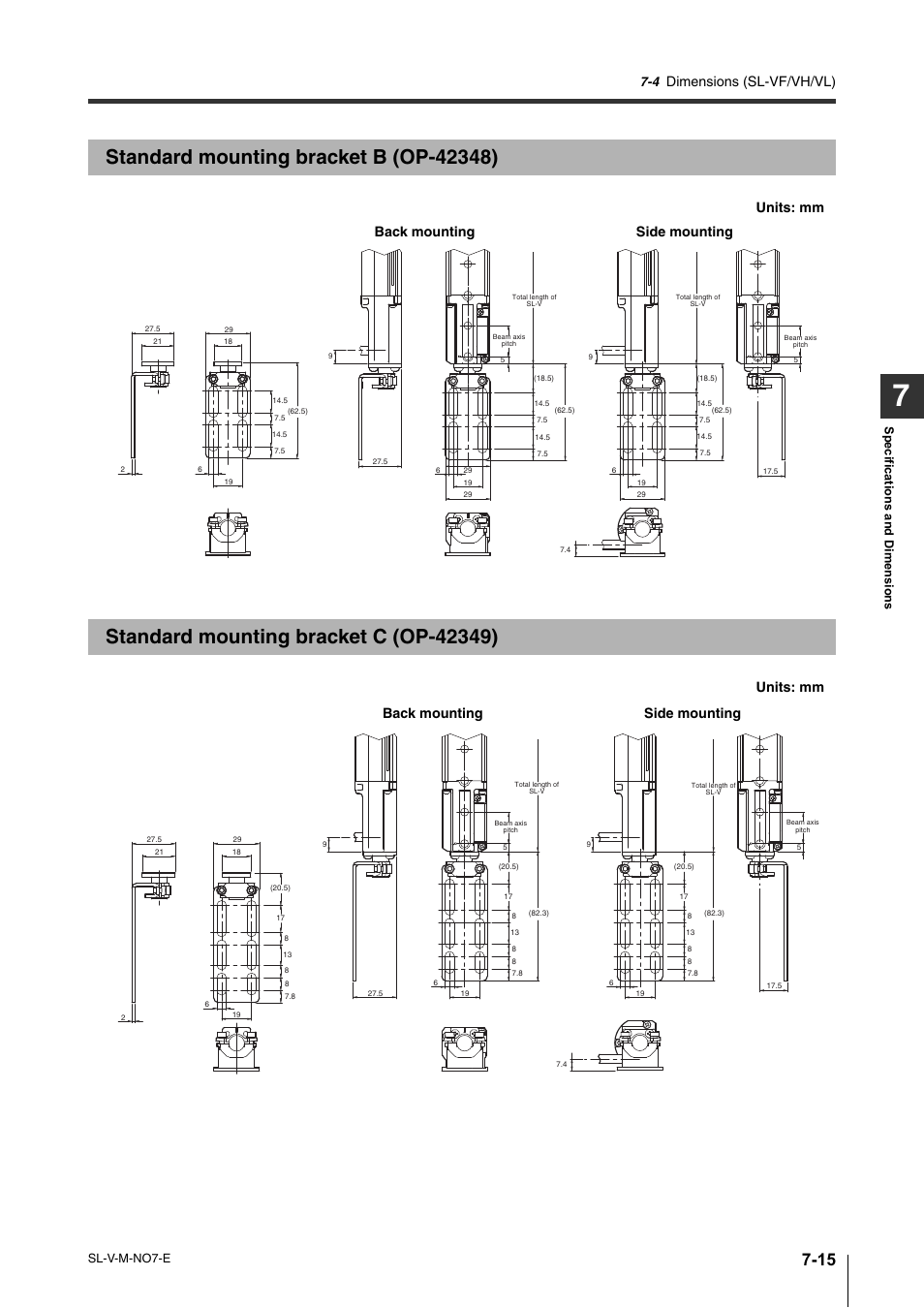 Standard mounting bracket b (op-42348), Standard mounting bracket c (op-42349), Standard mounting bracket b (op-42348) -15 | Standard mounting bracket c (op-42349) -15, Dimensions (sl-vf/vh/vl), Units: mm back mounting side mounting | KEYENCE SL-V Series User Manual | Page 143 / 168