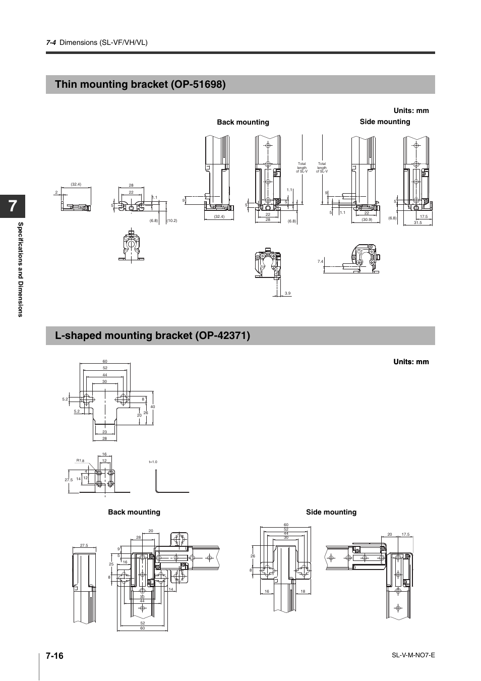 Thin mounting bracket (op-51698), L-shaped mounting bracket (op-42371), Thin mounting bracket (op-51698) -16 | L-shaped mounting bracket (op-42371) -16, Dimensions (sl-vf/vh/vl), Units: mm back mounting side mounting, Units: mm, Back mounting side mounting | KEYENCE SL-V Series User Manual | Page 144 / 168