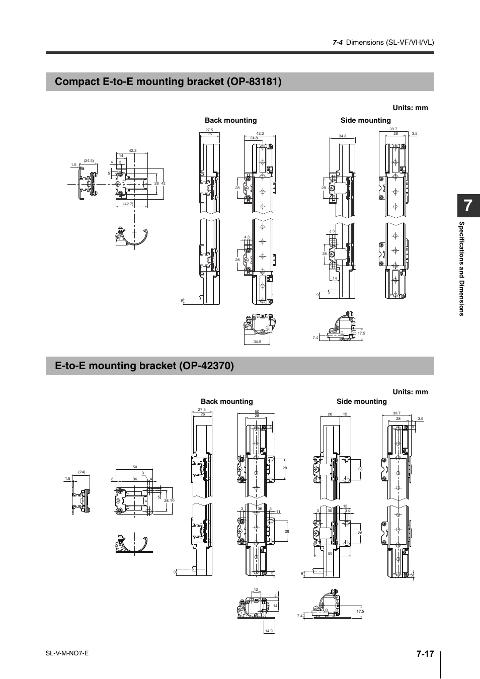 Compact e-to-e mounting bracket (op-83181), E-to-e mounting bracket (op-42370), Compact e-to-e mounting bracket (op-83181) -17 | E-to-e mounting bracket (op-42370) -17, Dimensions (sl-vf/vh/vl), Units: mm back mounting side mounting | KEYENCE SL-V Series User Manual | Page 145 / 168