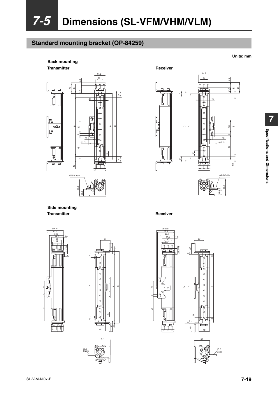 5 dimensions (sl-vfm/vhm/vlm), Standard mounting bracket (op-84259), Dimensions (sl-vfm/vhm/vlm) -19 | Standard mounting bracket (op-84259) -19, Dimensions (sl-vfm/vhm/vlm), Receiver transmitter back mounting, Transmitter receiver side mounting, Units: mm, Sp ec ification s and dimen sion s, Sl-v-m-no7-e | KEYENCE SL-V Series User Manual | Page 147 / 168