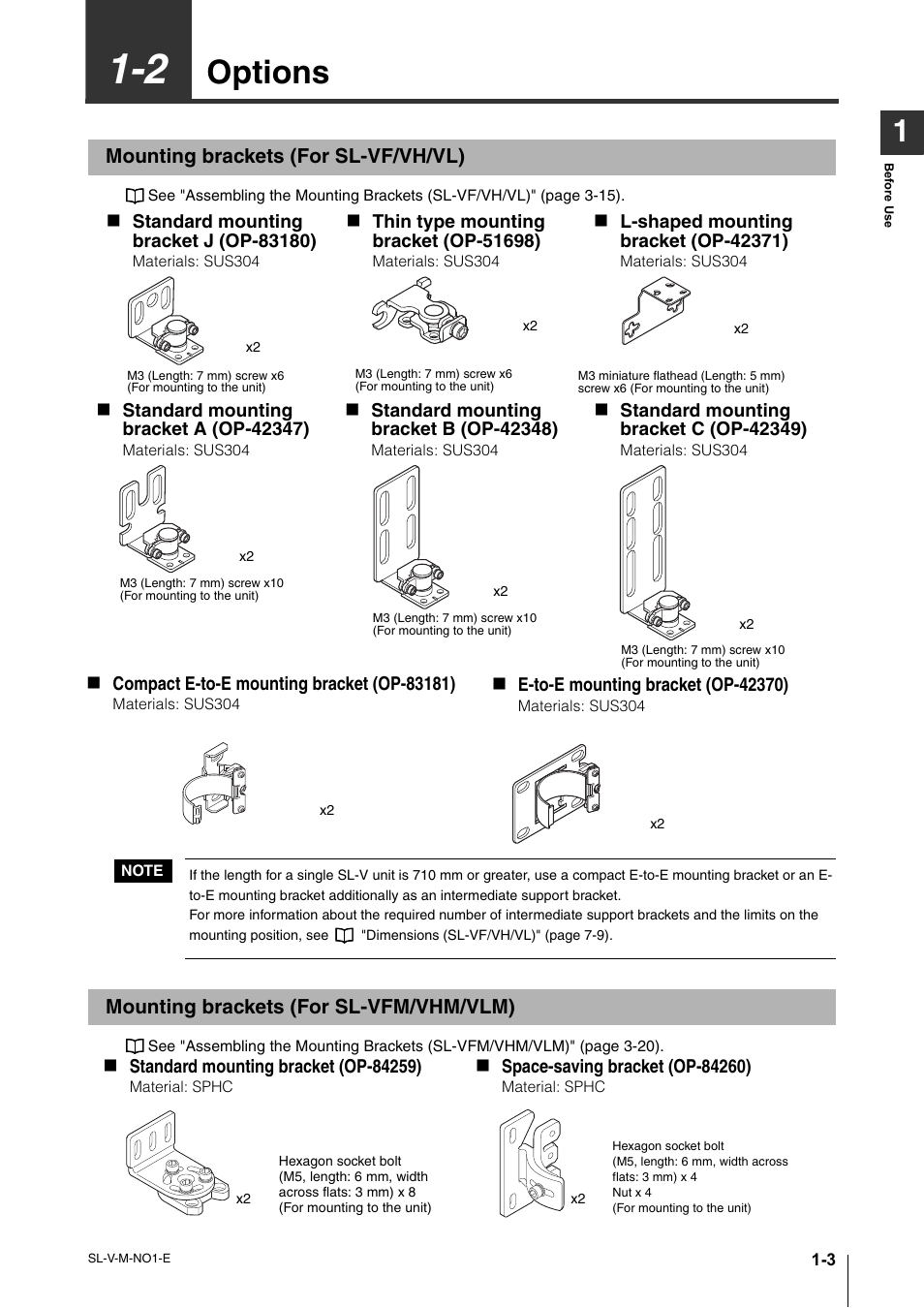 2 options, Mounting brackets (for sl-vf/vh/vl), Mounting brackets (for sl-vfm/vhm/vlm) | Options -3, Mounting brackets (for sl-vf/vh/vl) -3, Mounting brackets (for sl-vfm/vhm/vlm) -3, Options | KEYENCE SL-V Series User Manual | Page 15 / 168