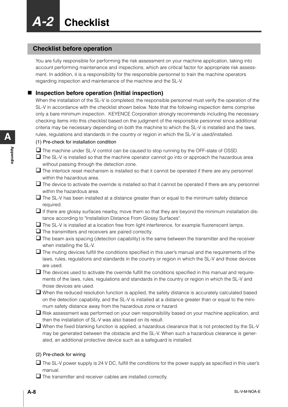 A-2 checklist, Checklist before operation, Checklist | KEYENCE SL-V Series User Manual | Page 160 / 168