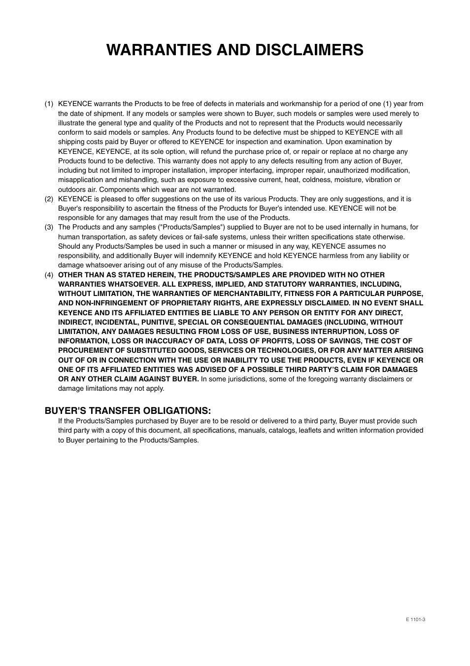 Warranties and disclaimers, Buyer's transfer obligations | KEYENCE SL-V Series User Manual | Page 167 / 168