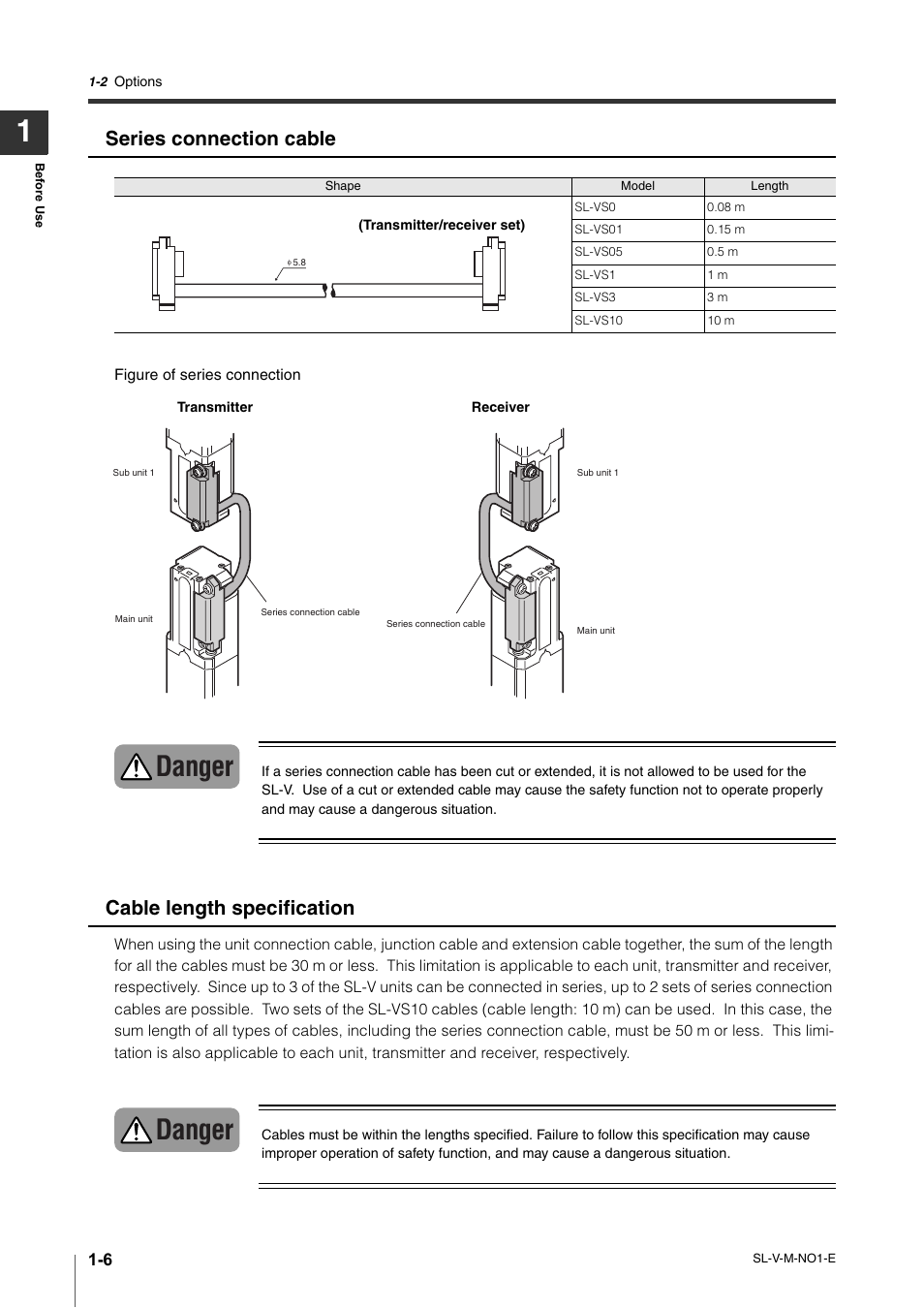 Danger, Series connection cable, Cable length specification | KEYENCE SL-V Series User Manual | Page 18 / 168