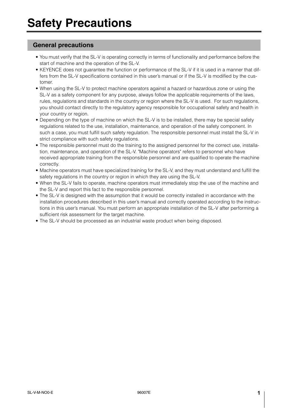 Safety precautions, General precautions | KEYENCE SL-V Series User Manual | Page 3 / 168