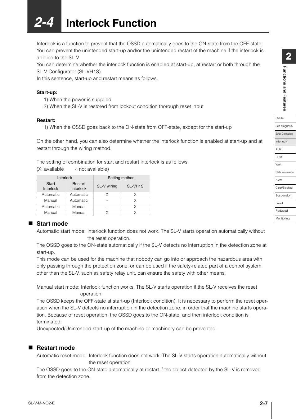 4 interlock function, Interlock function -7, Interlock function | Start mode, Restart mode | KEYENCE SL-V Series User Manual | Page 31 / 168